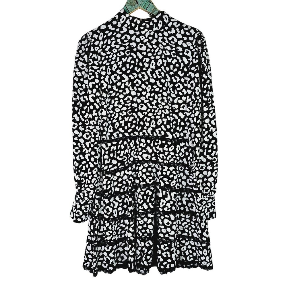 Eilly Bazar Animal Print High Neck Long Sleeve Lace Tiered Open Back Dress, NWT - Picture 3 of 11